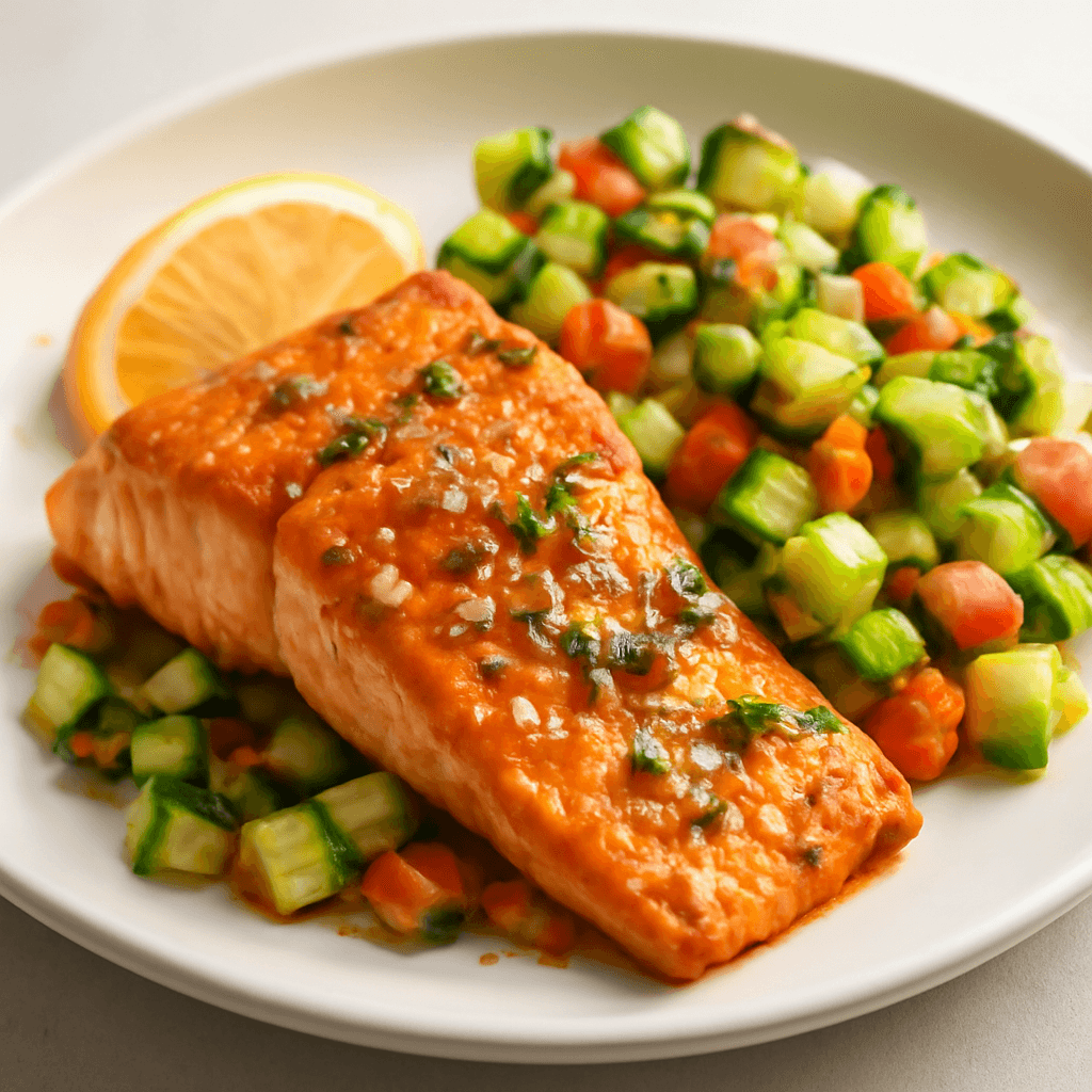 Bang Bang Salmon with Avocado Cucumber Salsa