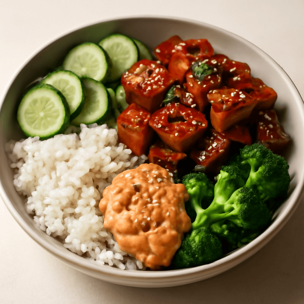 Teriyaki Tofu Bowls with Kimchi Mayo